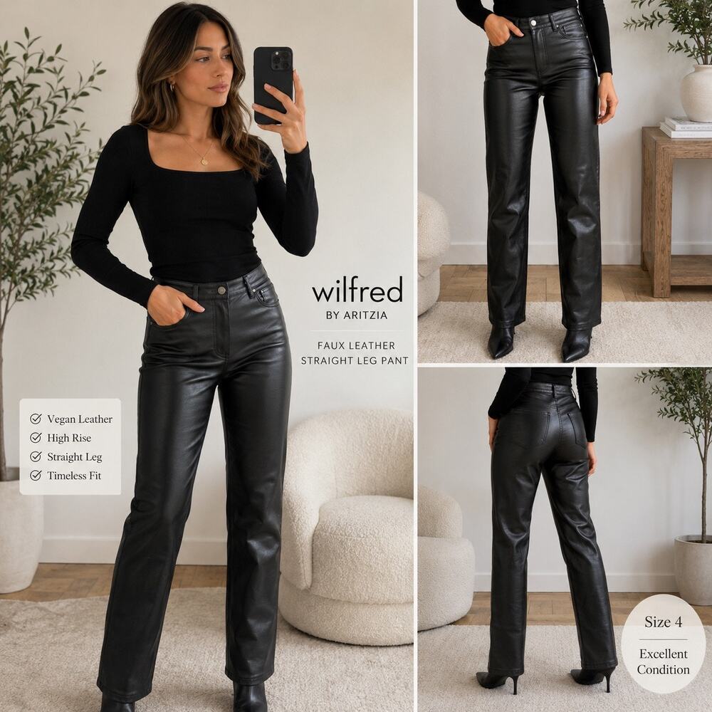 Aritzia Wilfred Melina Black Vegan Leather Straight Leg Pants High Rise Size 4